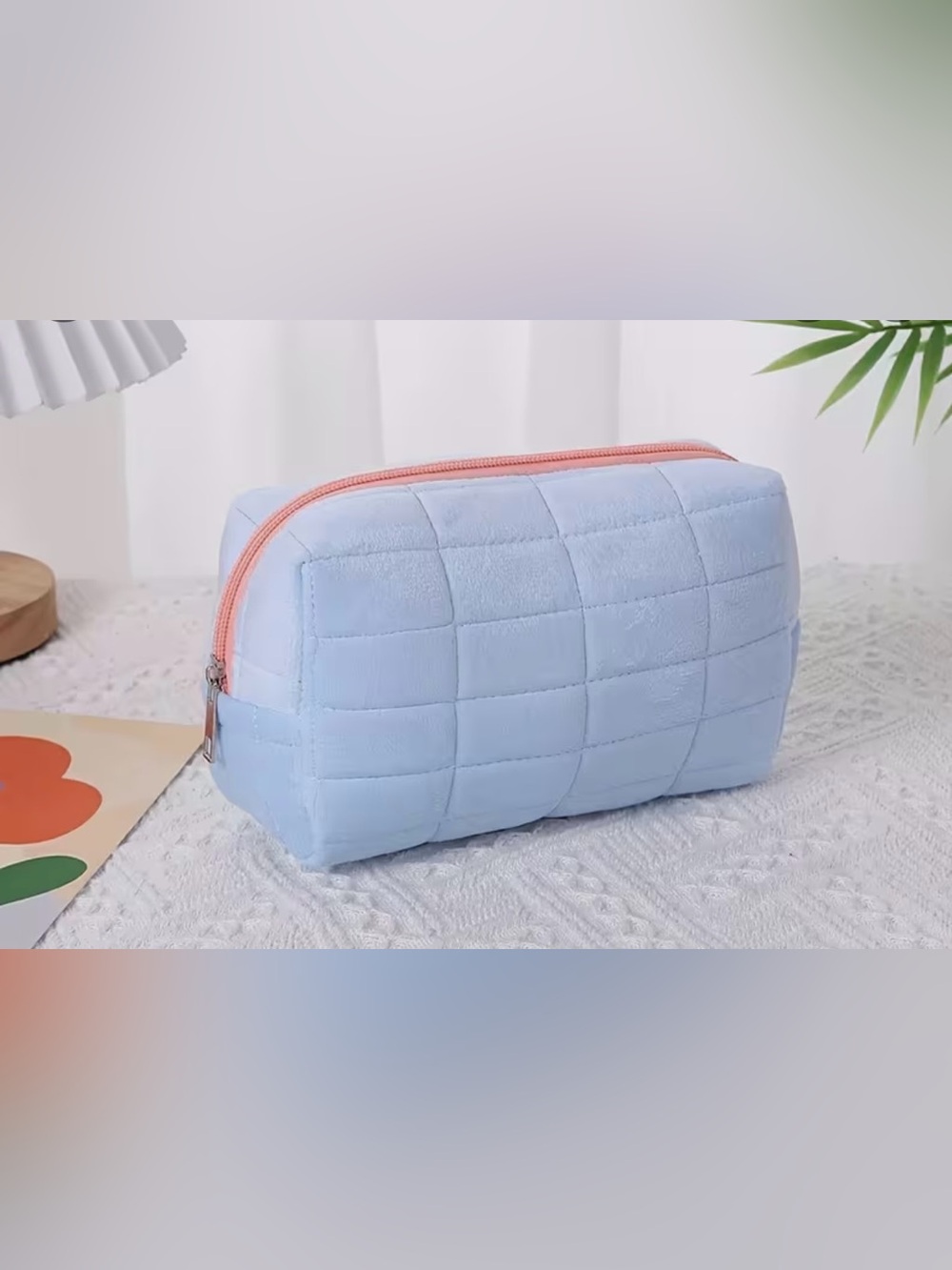 Quilted Light Blue Cosmetic Pouch with Pink Zipper